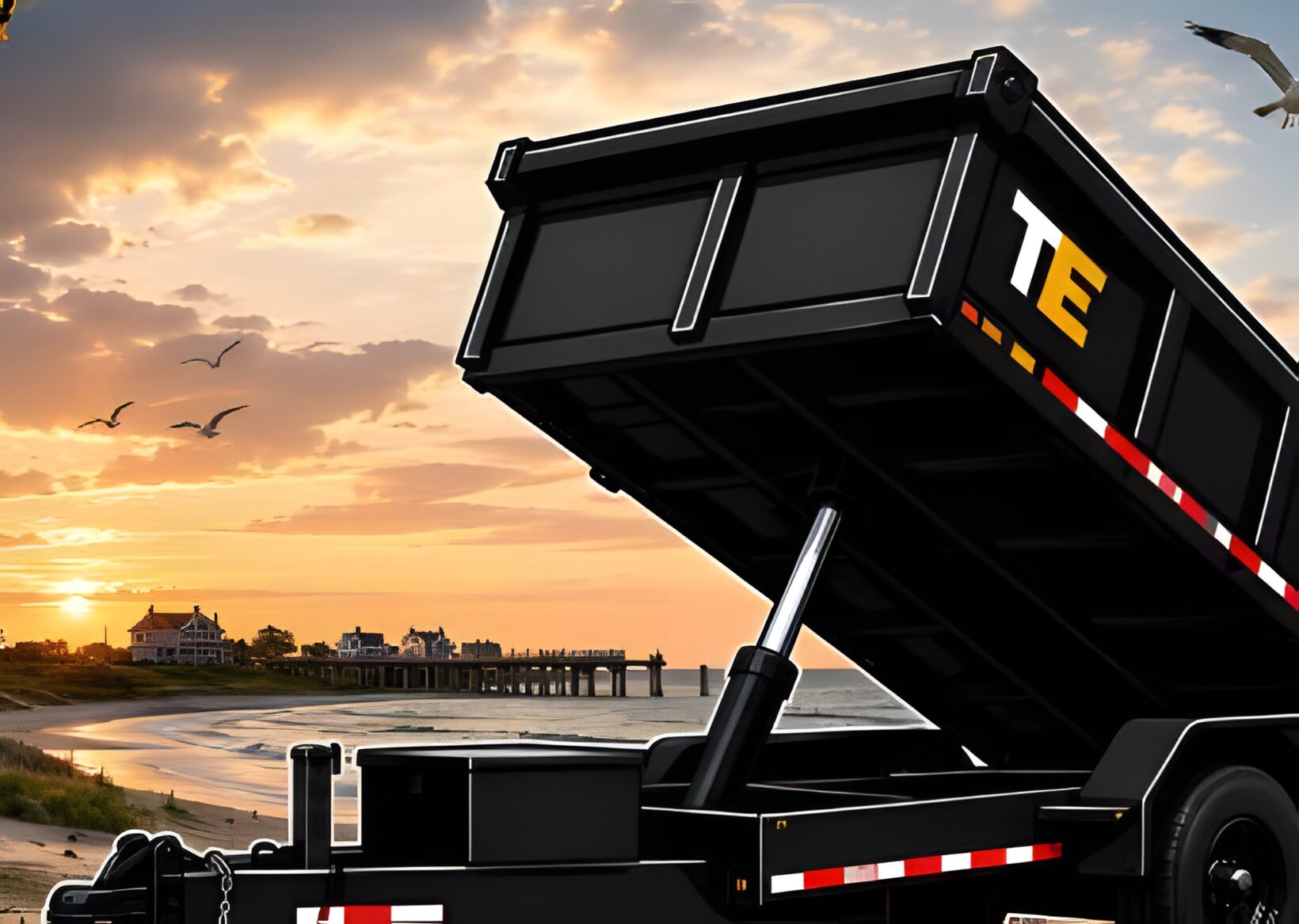 Thomas Enterprises dump trailer on the Carolina coast at sunset